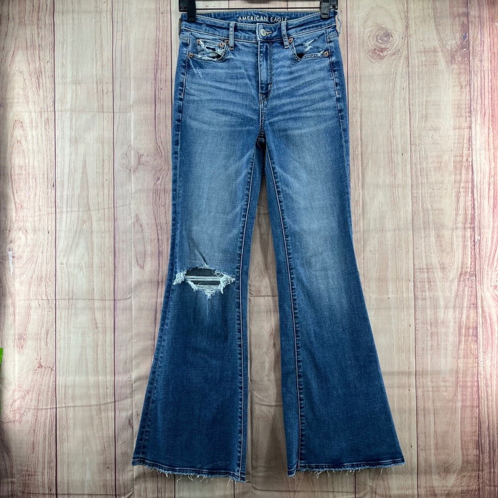 American Eagle Super Hi Rise Flare Jeans Womens Size 0 Blue Stretch Distressed